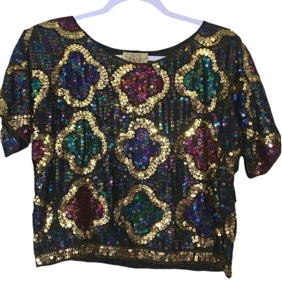 100% Silk Sequin Crop Vintage Blouse Size Medium - Picture 4 of 4